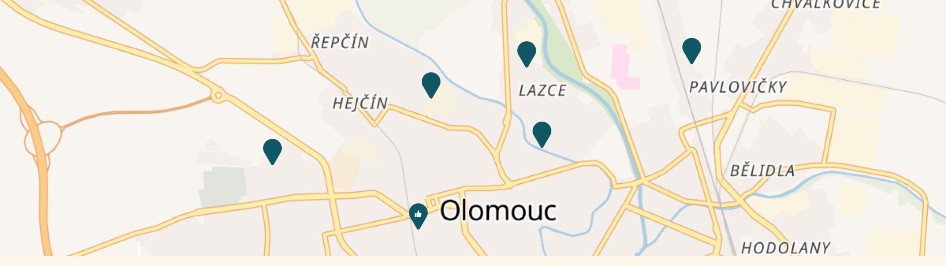 Mapa Olomouckého kraje s vyznačenými místy